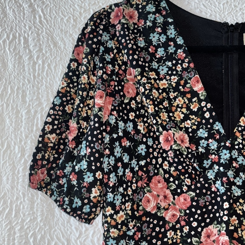 Anthropologie Black Floral Midi Dress with Pink & Blue Flowers - Picture 2 of 9